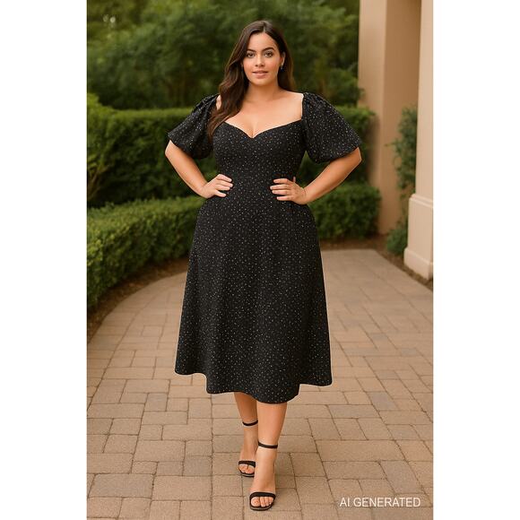 Pretty Little Thing Black Polka Dot Puff Sleeve Midi Dress 18 NWT - Picture 1 of 10